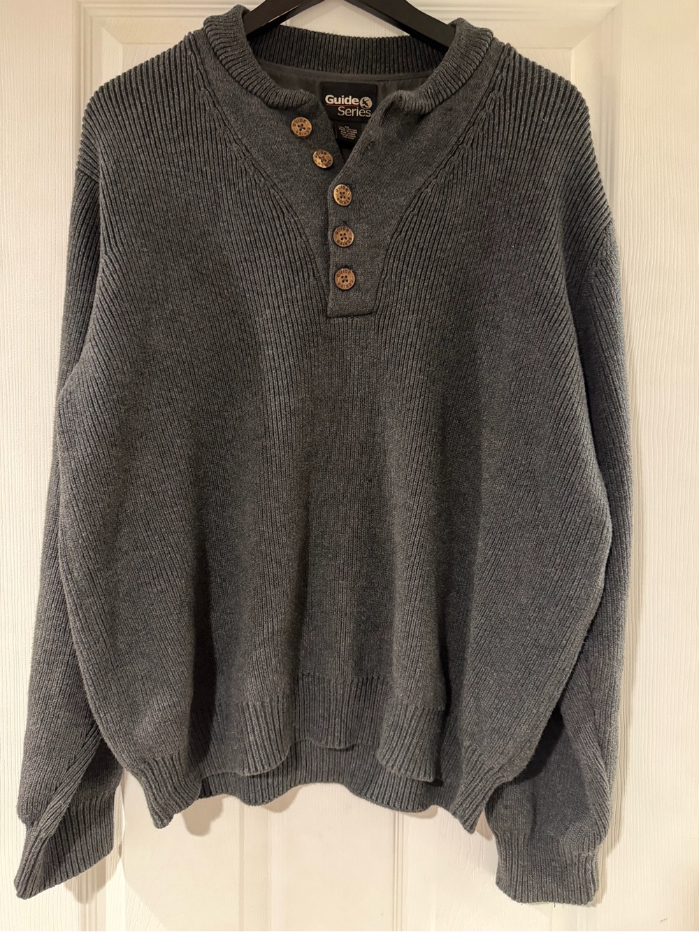 Guide Series Men's Charcoal Henley Heavy Cotton Crewneck Comfy Sweater, Size XL